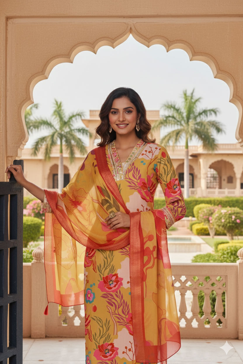 Yellow Embroidered Muslin Kurta Duppta Set