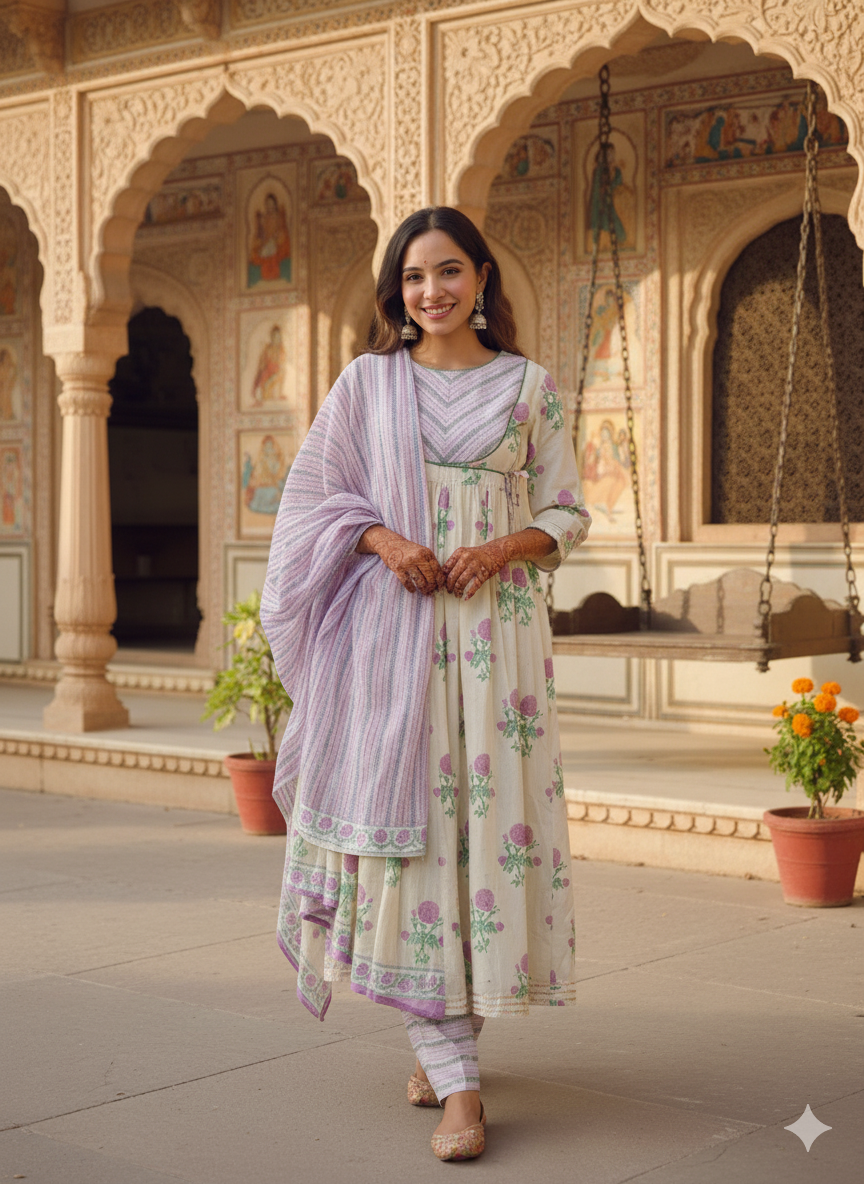 White and Purple Floral Print Cotton Anarkali Kurta With Pants And Dupatta