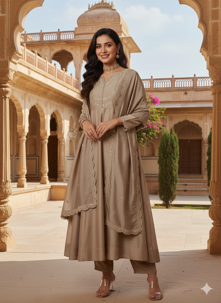 Cream Embroidered Silk Blend Anarkali Kurta With Dupatta Set
