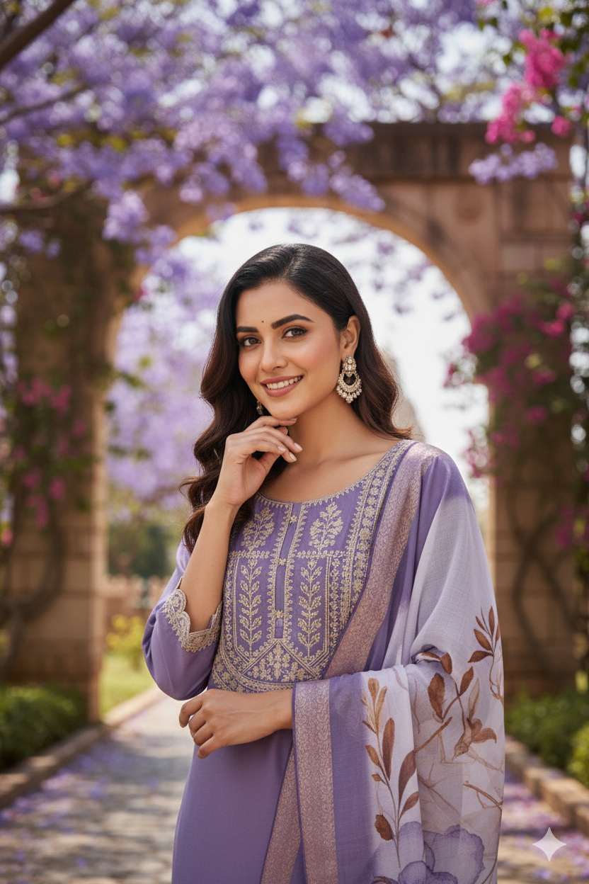 Purple Self Design Chinon Straight Kurta With Printed Dupatta