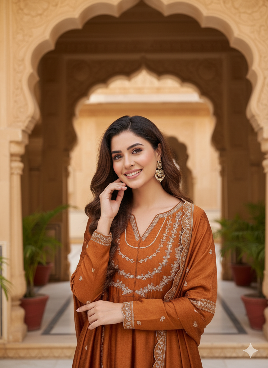 Rust Embroidered Silk Blend Anarkali Kurta With Dupatta Set