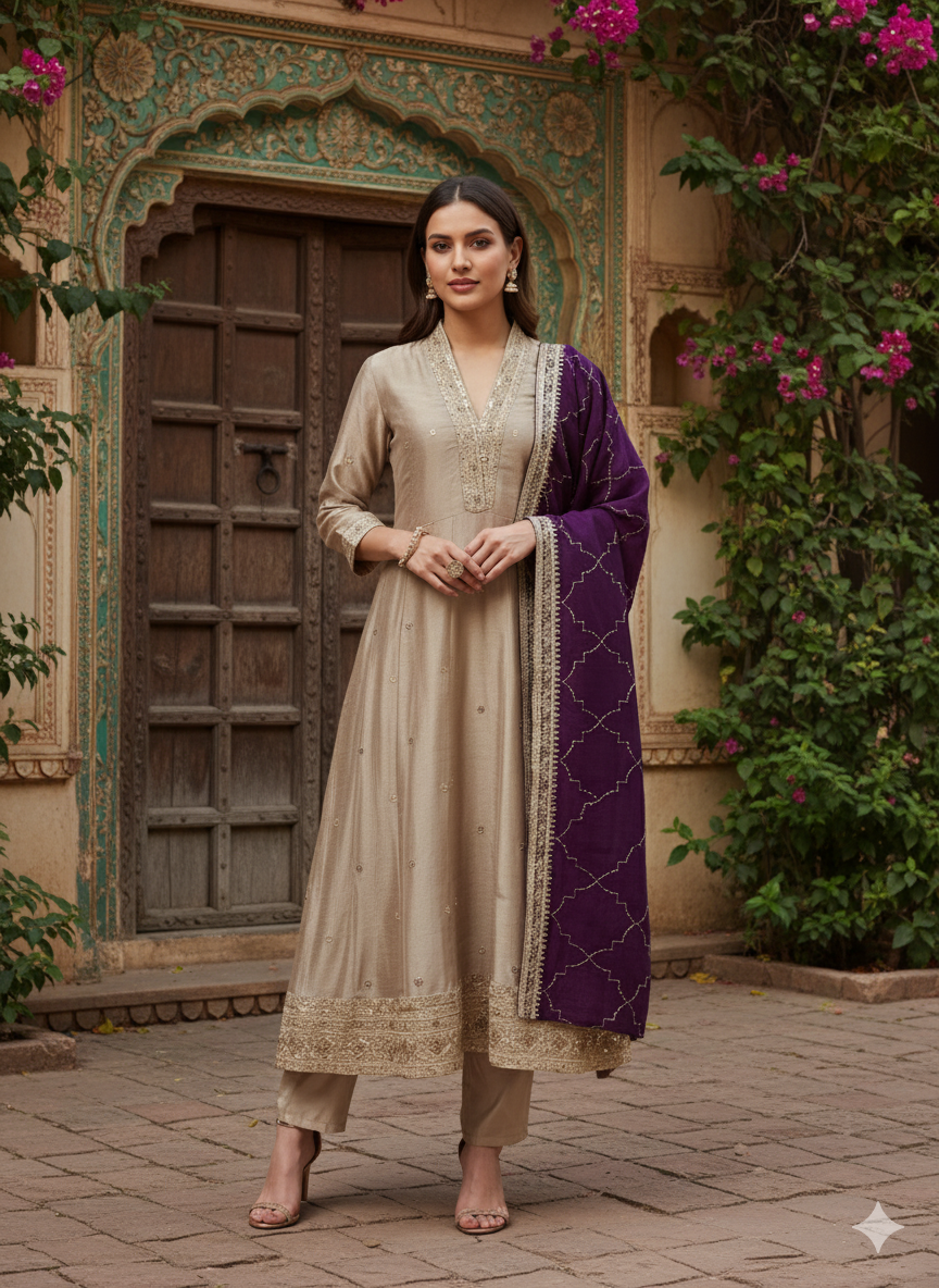 Grey Embroidered Silk Anarkali Kurta With Dupatta Set