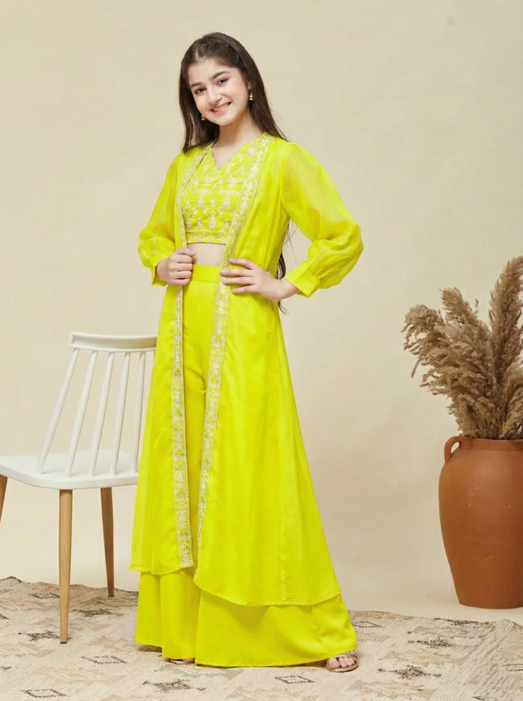 Girl's Neon cotton Embroidered Top, Palazzo Shrug Set