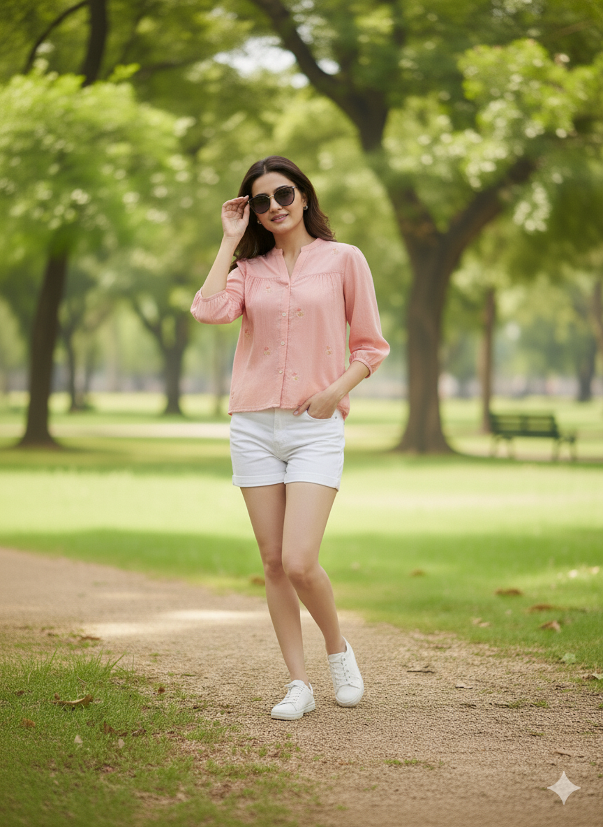 Pink Casual Cotton Shirt with Elegant Embroidery for women
