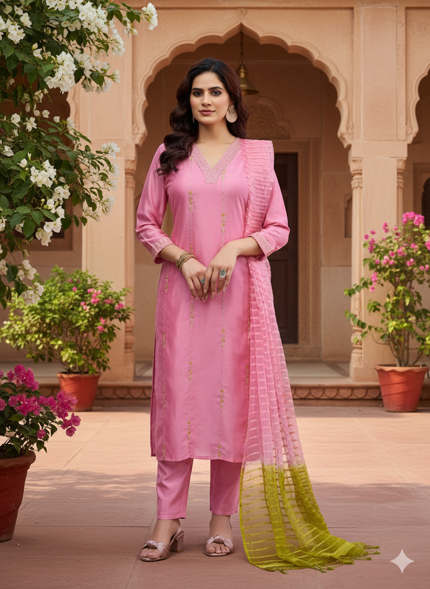 Pink Embroidered Silk Kurta with Dupatta Set