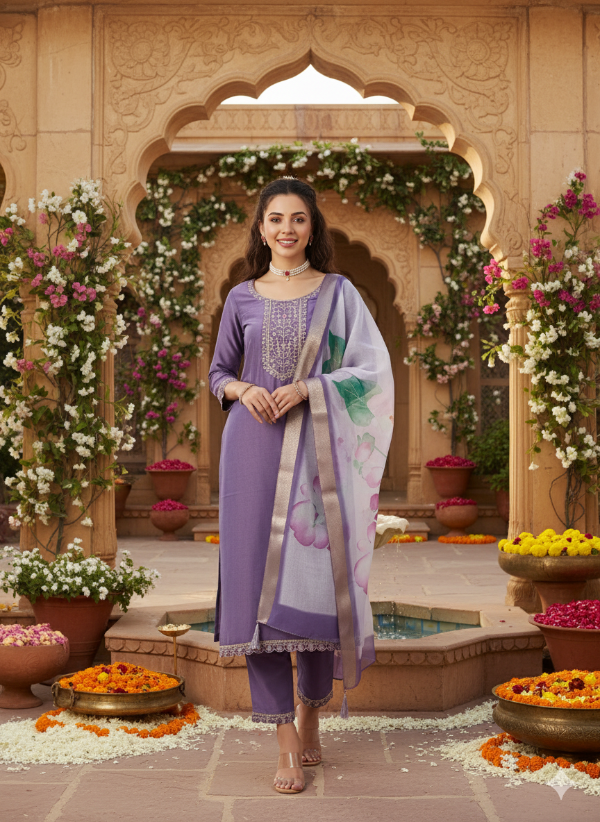 Purple Yoke Design Chinon Straight Suit With Printed Dupatta