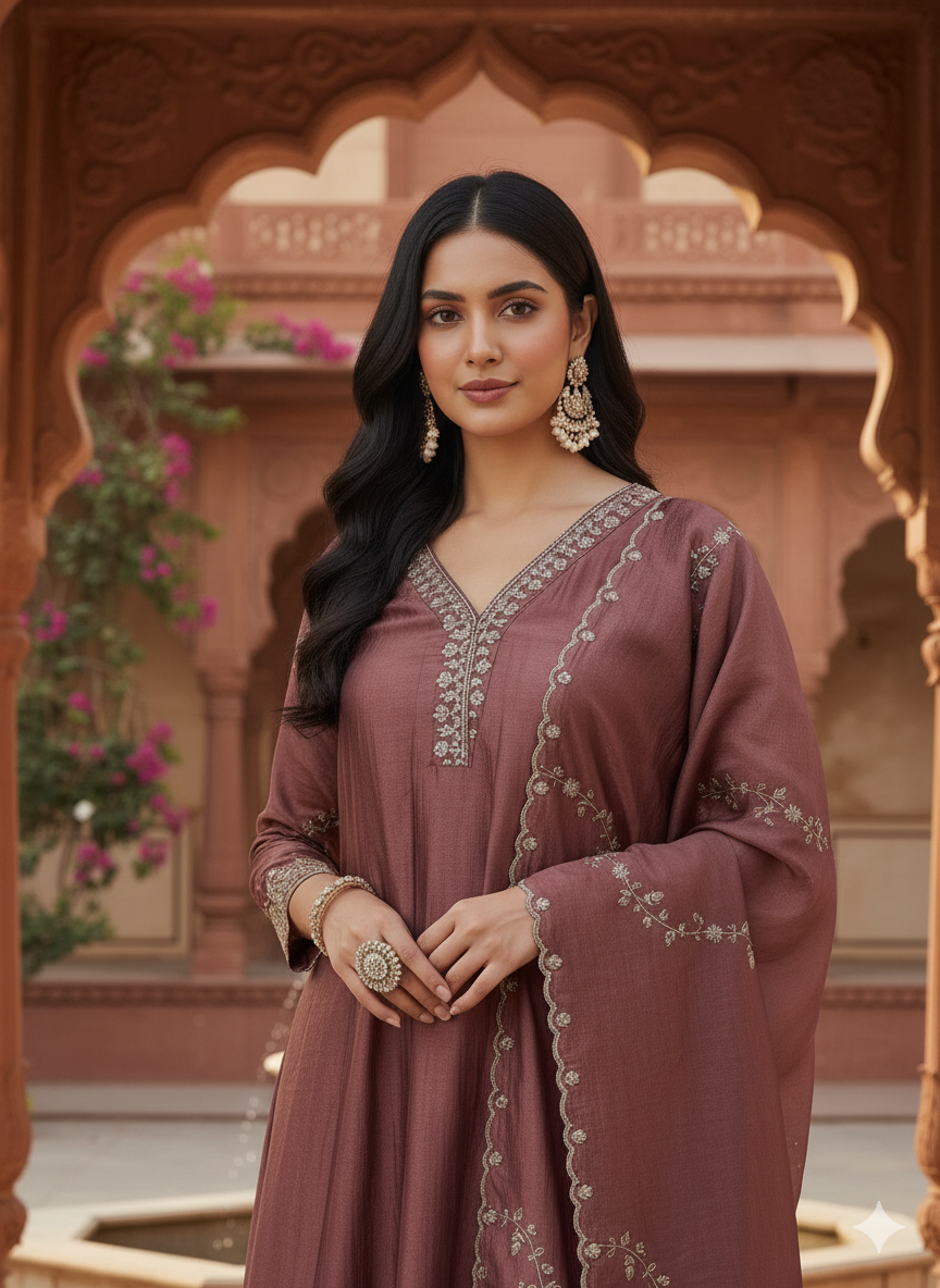 Maroon Silk Embroidered Anarkali Kurta with Dupatta Set