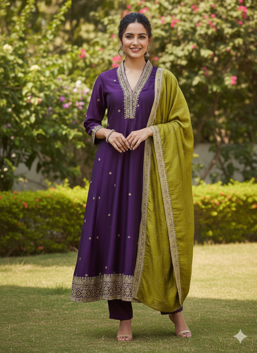 Violet Embroidered Silk Anarkali Kurta With Dupatta Set