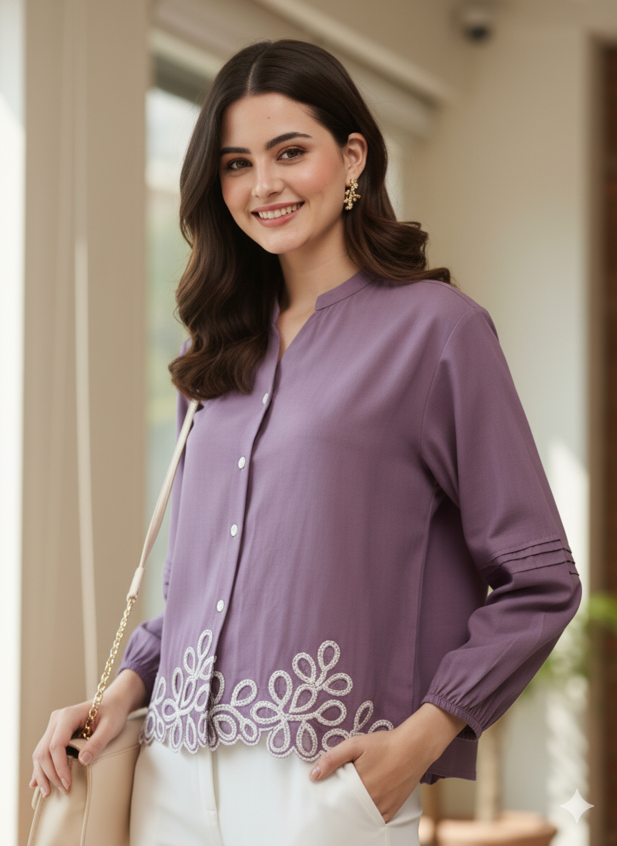 Lavender Embroidered Full Sleeves Regular Rayon Shirt