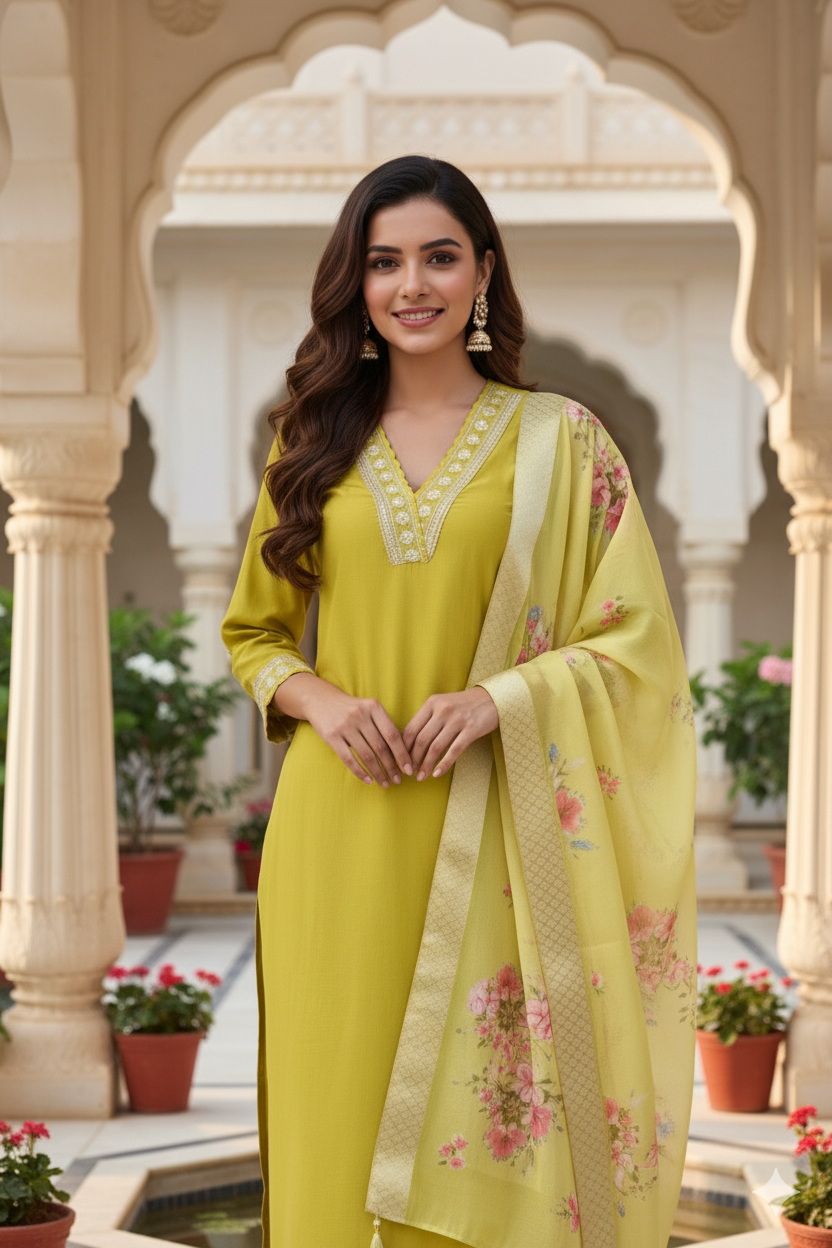Neon Embroidered Chanderi Viscose Straight Suit With Dupatta