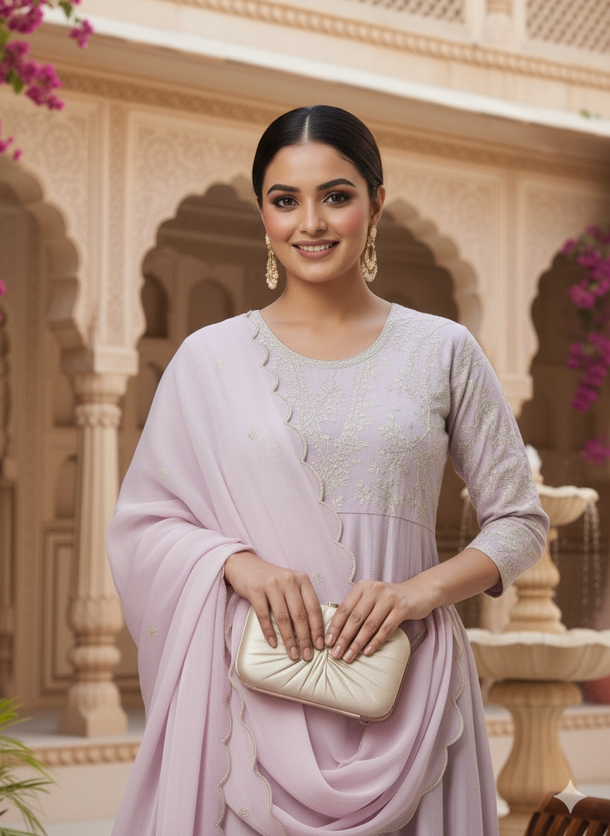 Purple Embroidered Silk Anarkali Kurta With Dupatta Set