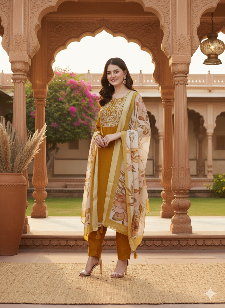 Mustard Embroidered Chinon kurta Set with Dupatta