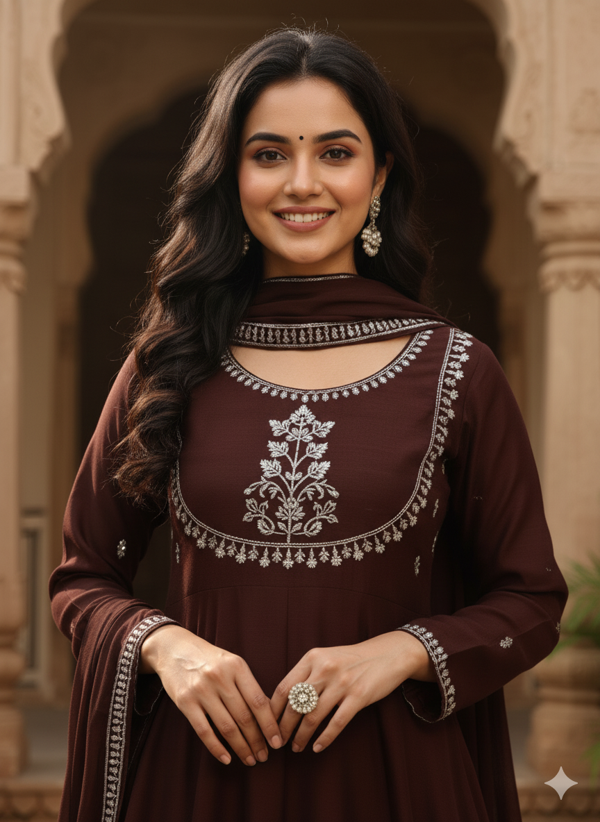 Coffee Embroidered Silk Anarkali Kurta With Dupatta Set