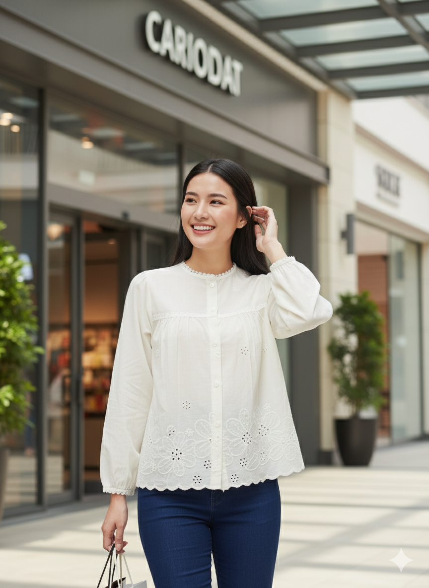 Off White Embroidered Full Sleeves Regular Cotton Shirt