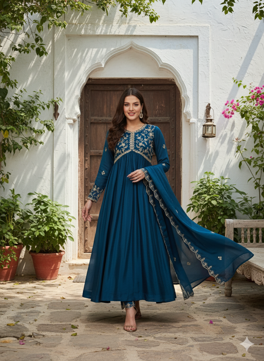 Teal Blue Embroidered Silk Blend Anarkali Kurta Set with Dupatta