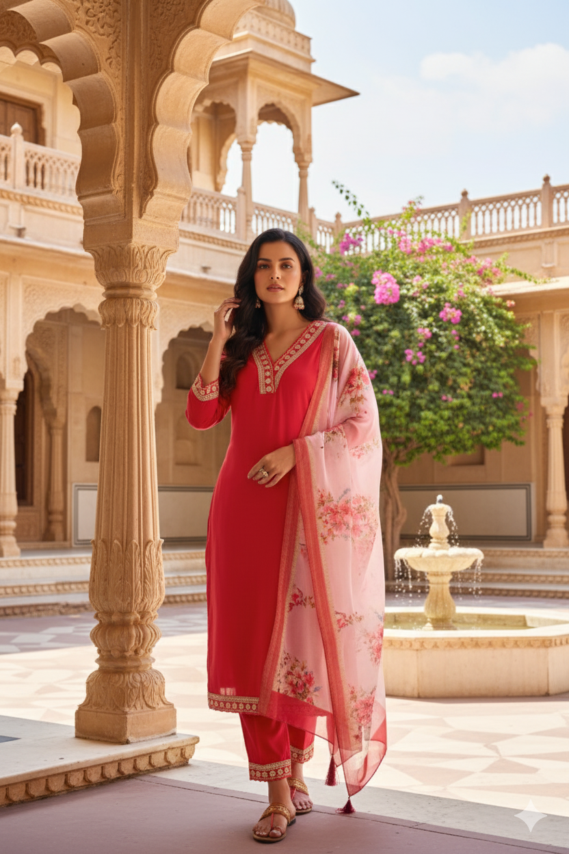 Rani Embroidered Chanderi Viscose Straight Suit With Dupatta