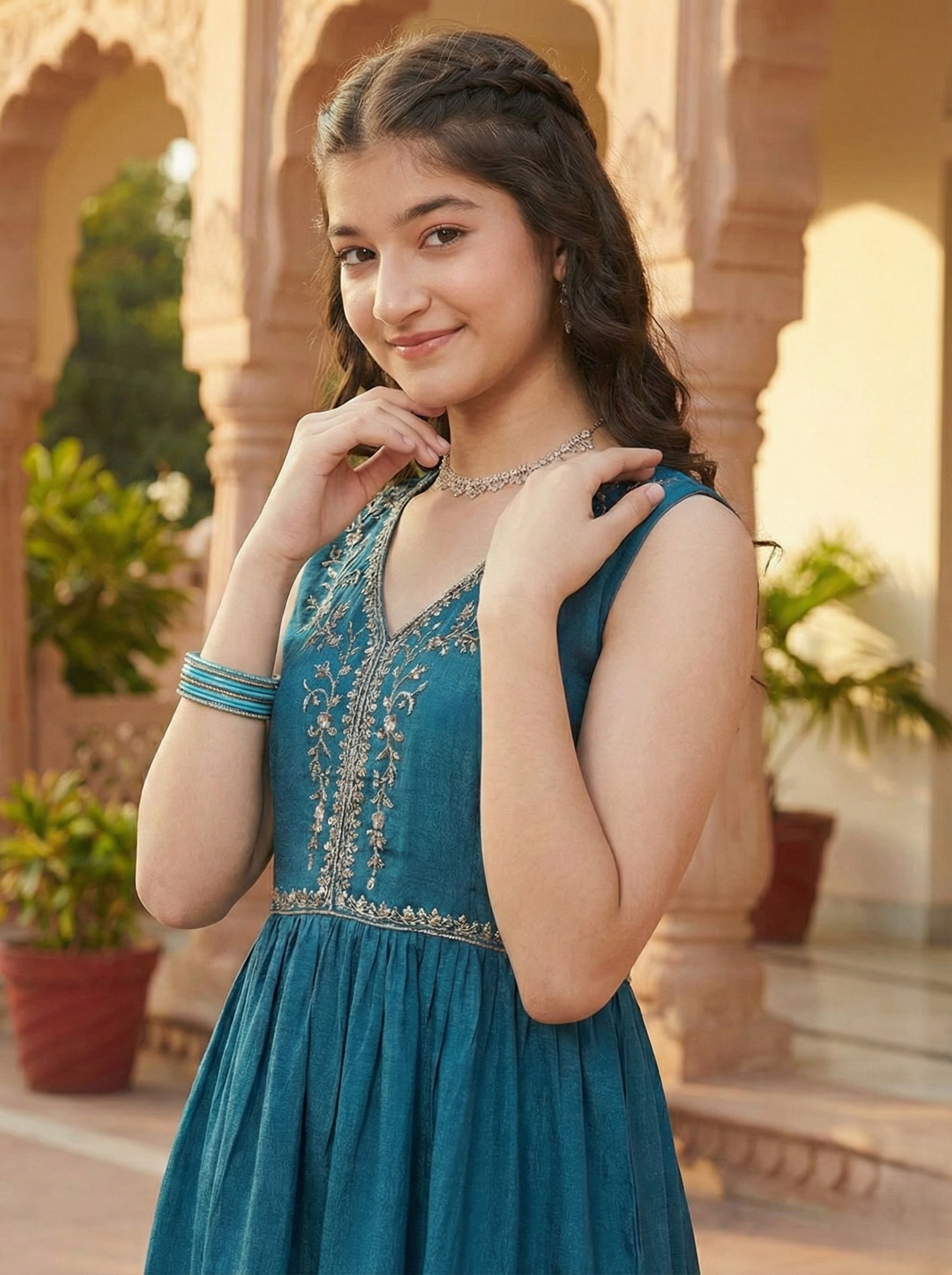 Teal blue Chinon Embroidered Kurta & Sharara for Girls