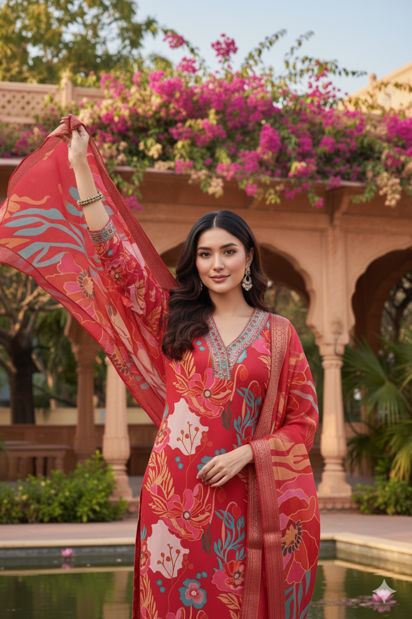 Pink Embroidered Muslin Kurta Duppta Set