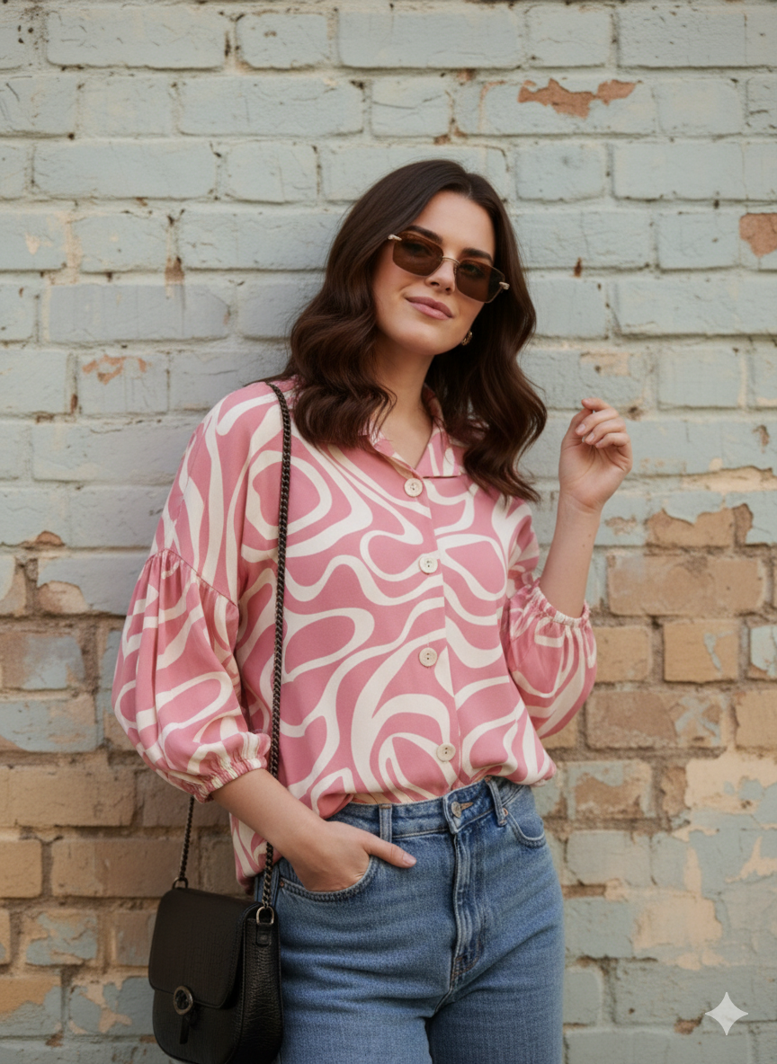 Women's Pink Rayon Printed Regular Shirt