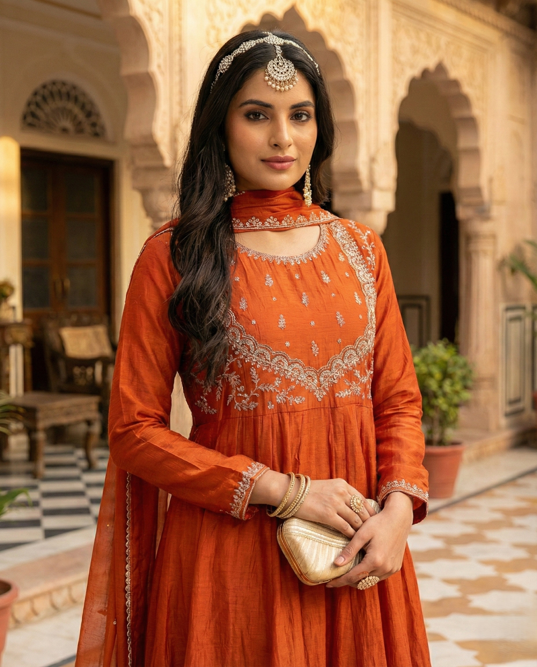 Orange Embroidered Silk Anarkali Kurta With Dupatta Set
