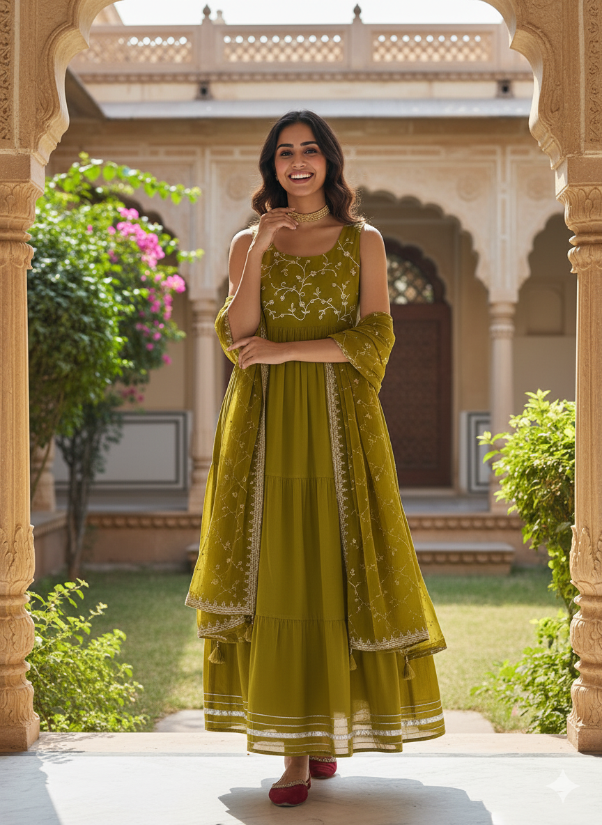 Green Embroidered Tiered Anarkali Kurta with Dupatta set