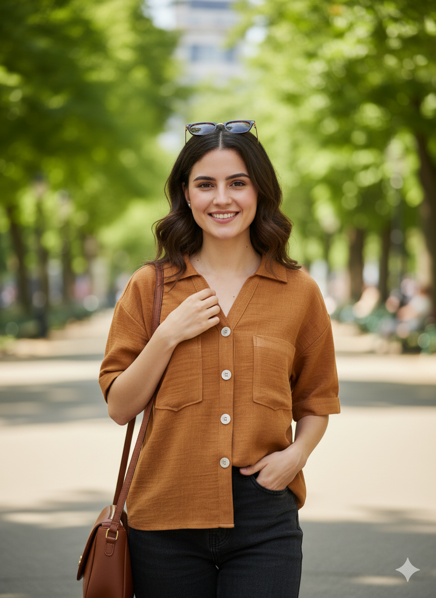 Women Caramel Cotton Blend Plain Regular Half Sleeve Shirt