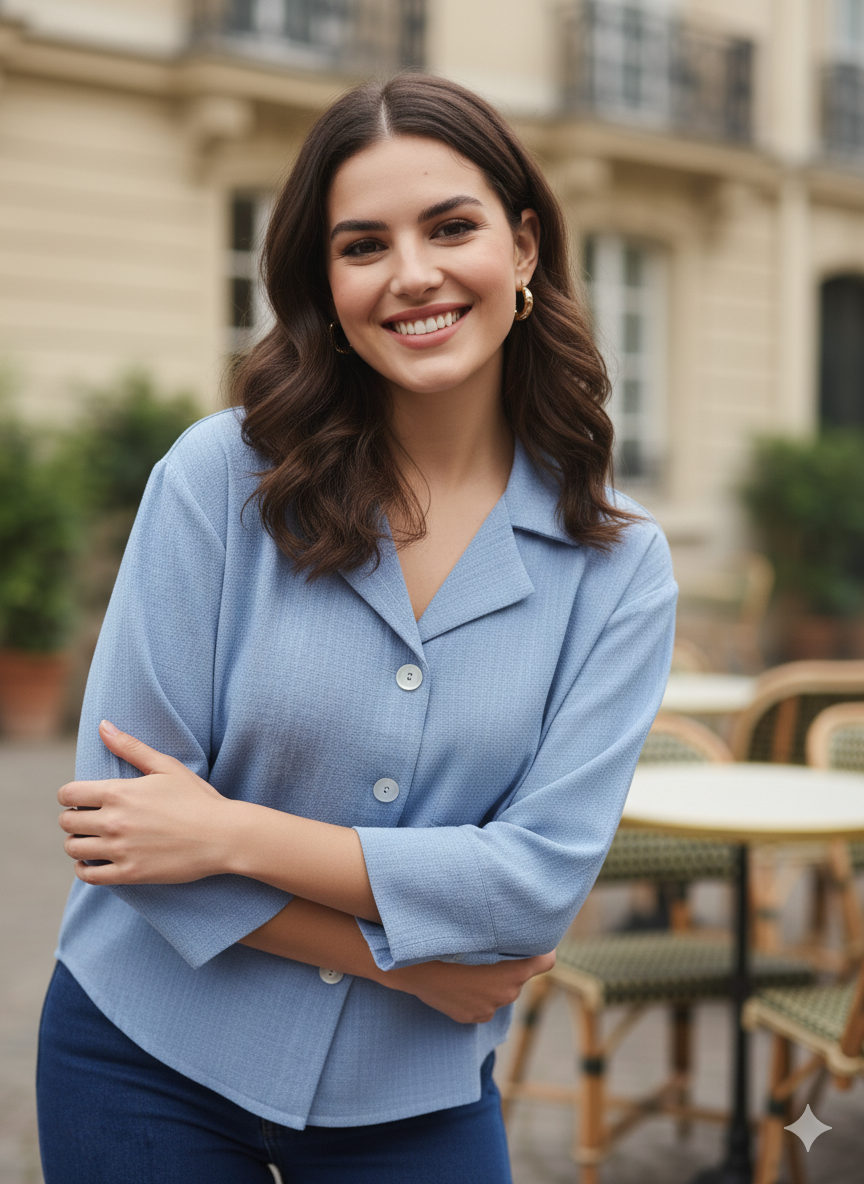 Women Denim Blue Cotton Blend Plain Regular 3/4 Sleeve Shirt