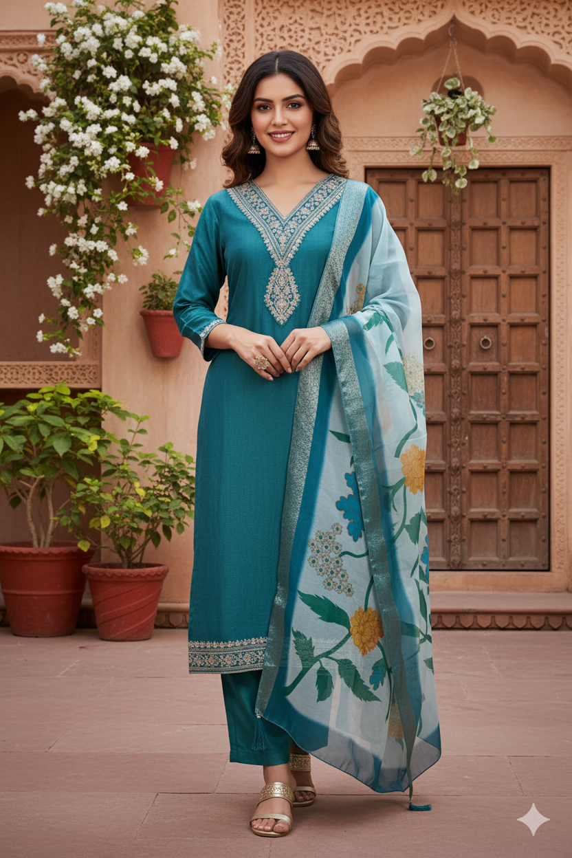 Rama Chinon embroidered Straight kurta Set