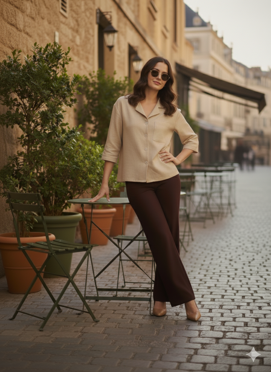 Women Cream Cotton Blend Plain Regular 3/4 Sleeve Shirt