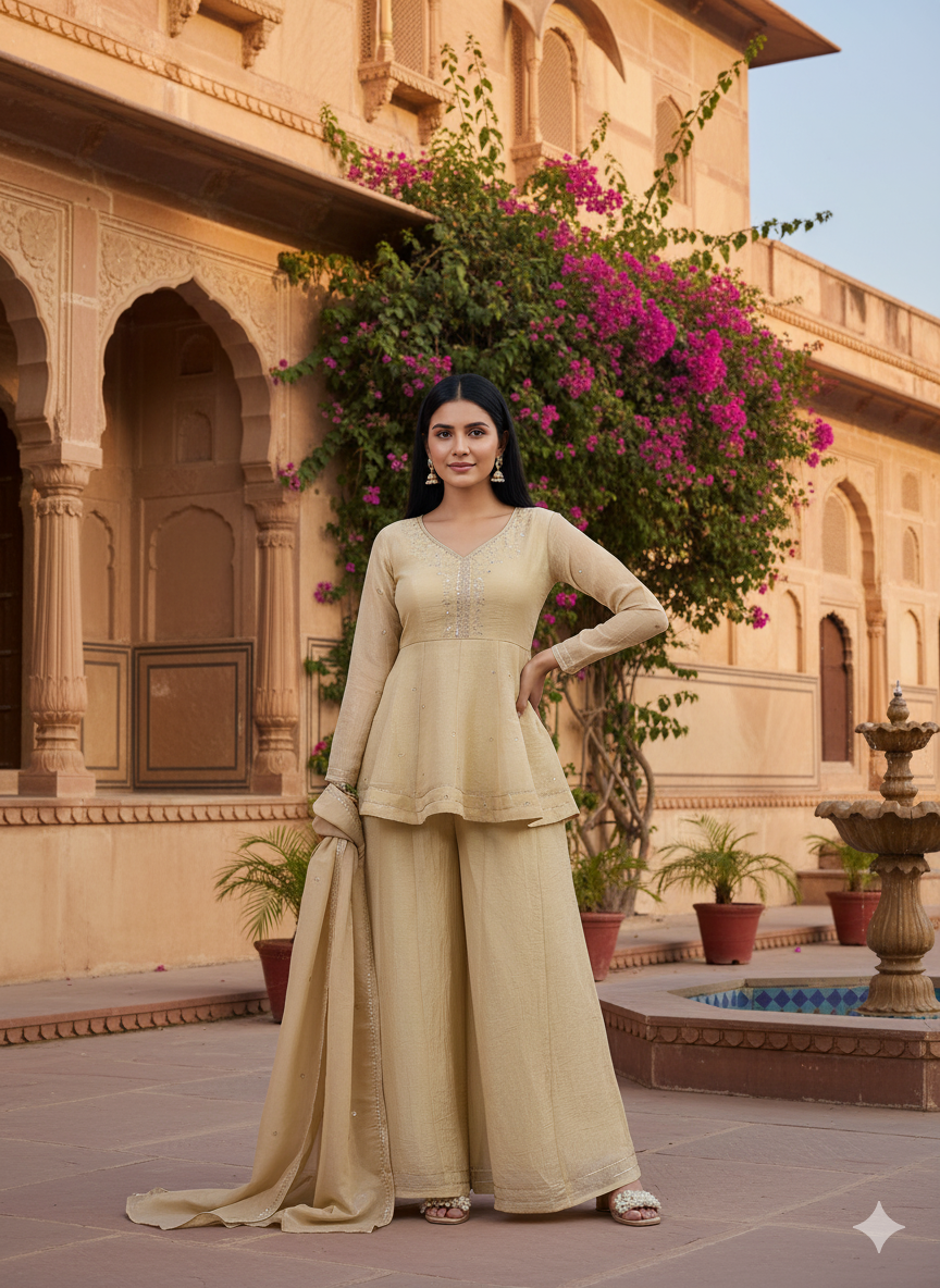 Off White Embroidered Peplum Top with Sharara Set