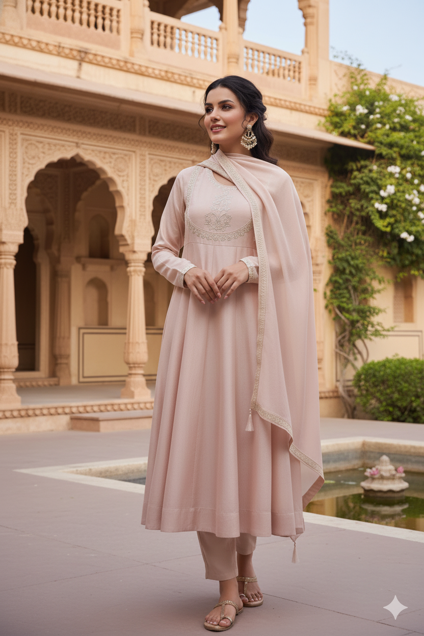 Rose Pink Embroidered Silk Blend Anarkali Kurta With Dupatta Set