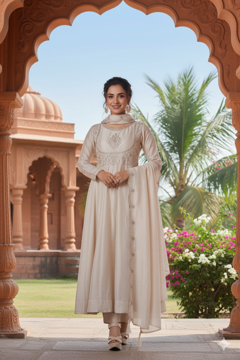 Cream Embroidered Silk Blend Anarkali Kurta With Dupatta Set