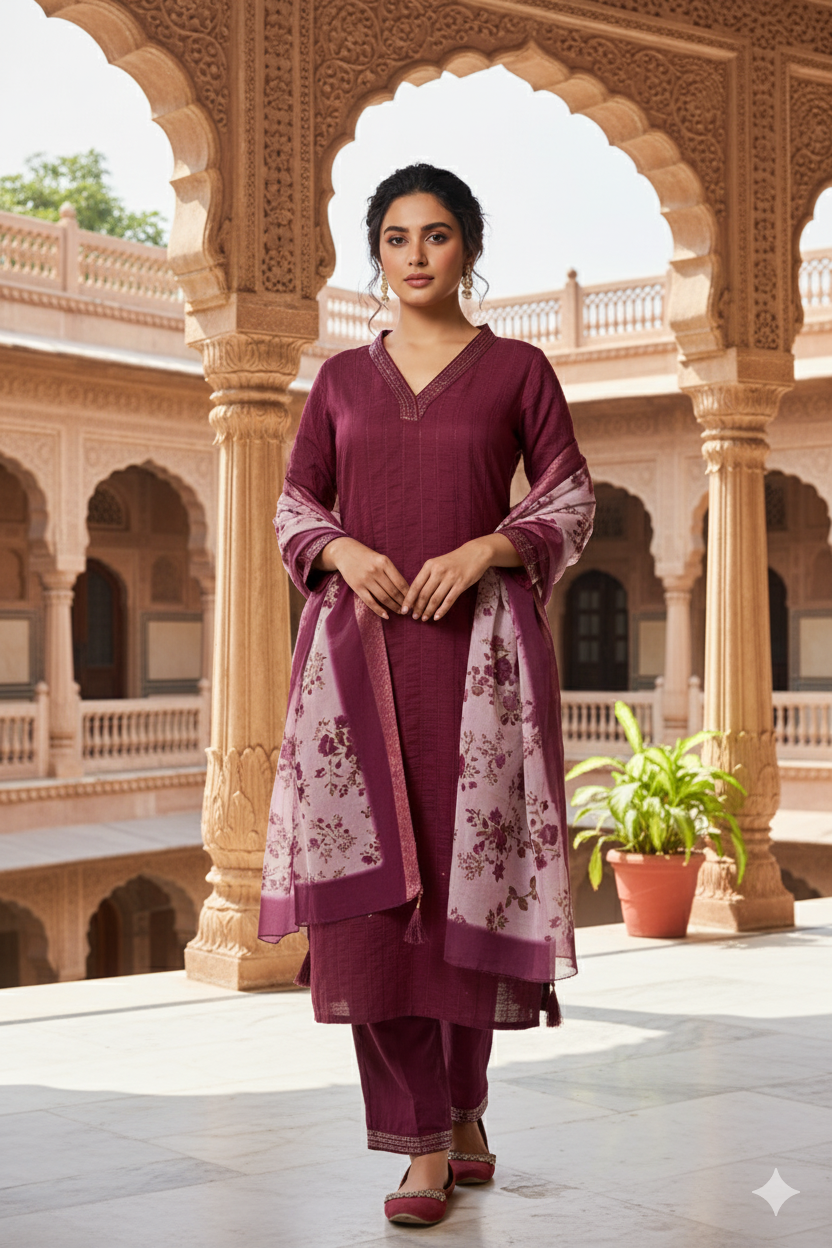Wine Chinon Embroidered Straight Kurta & Printed Dupatta Set