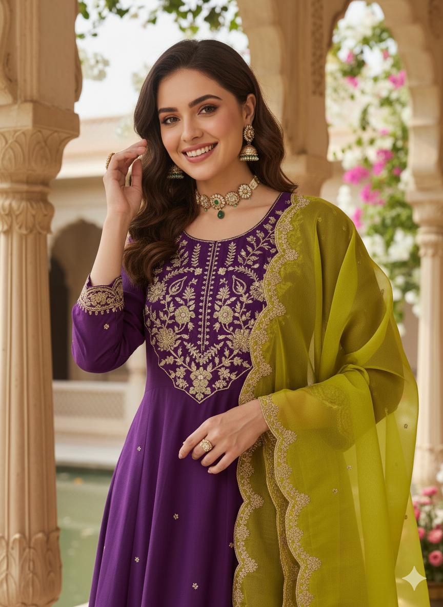 Purple Embroidered Anarkali Kurta With Dupatta Set