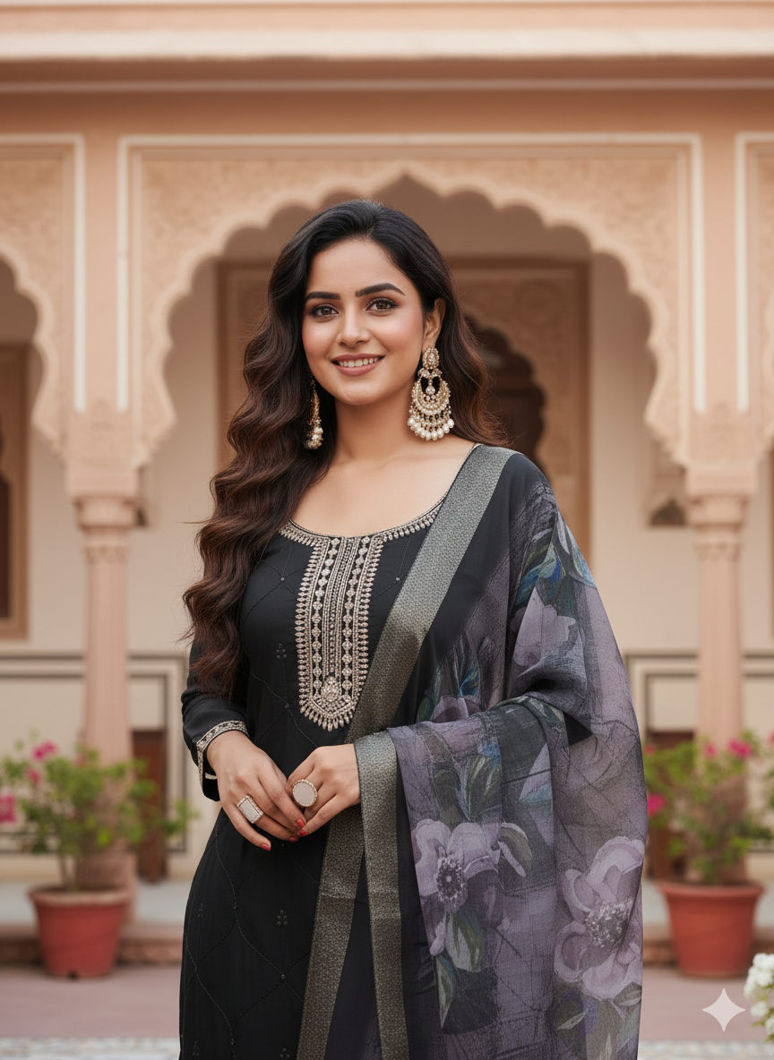 Black Yoke Design Chinon Straight Kurta Set with Dupatta