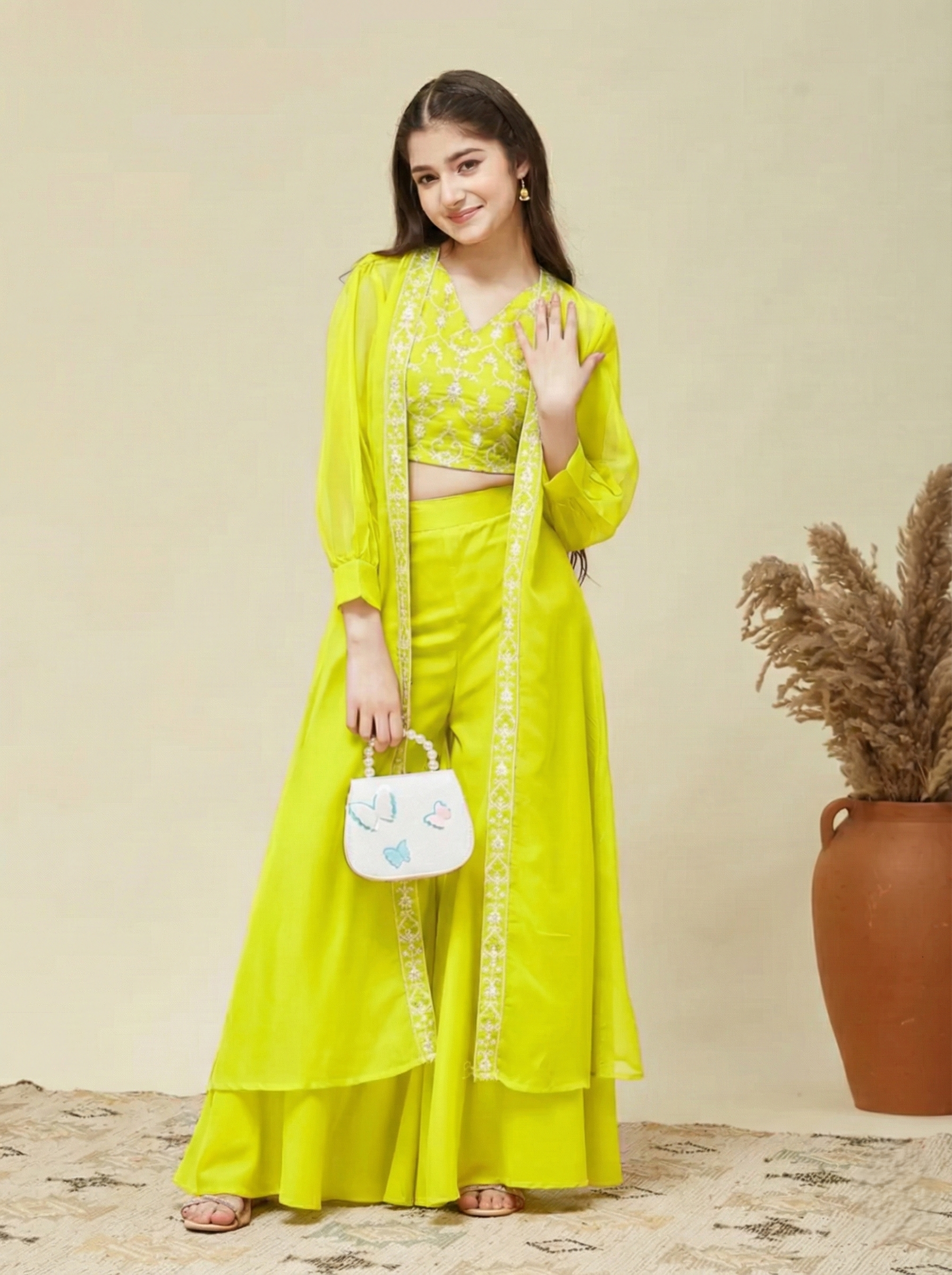 Girl's Neon cotton Embroidered Top, Palazzo Shrug Set