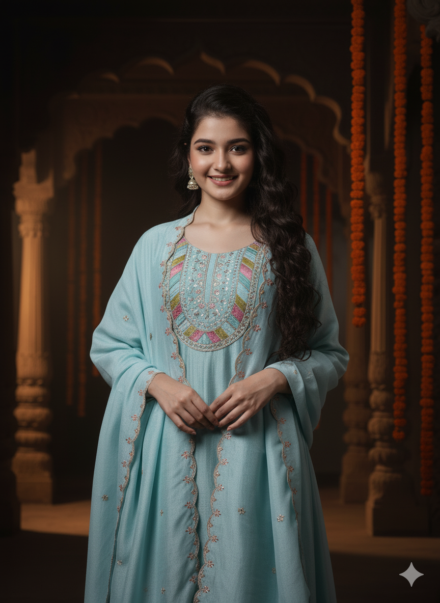 Sky Blue Silk Embroidered Anarkali Pant & Dupatta Set for Girls