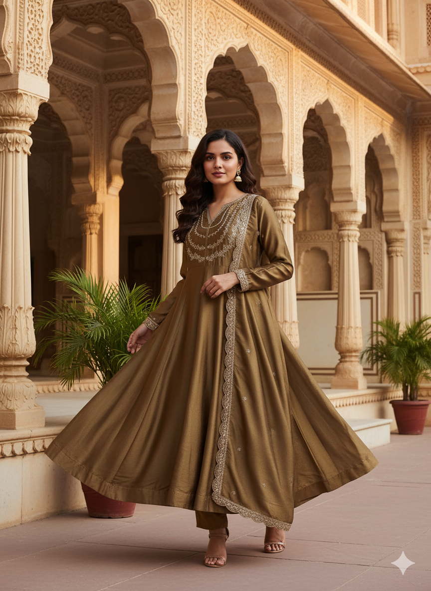 Gold Embroidered Silk Blend Anarkali Kurta With Dupatta Set