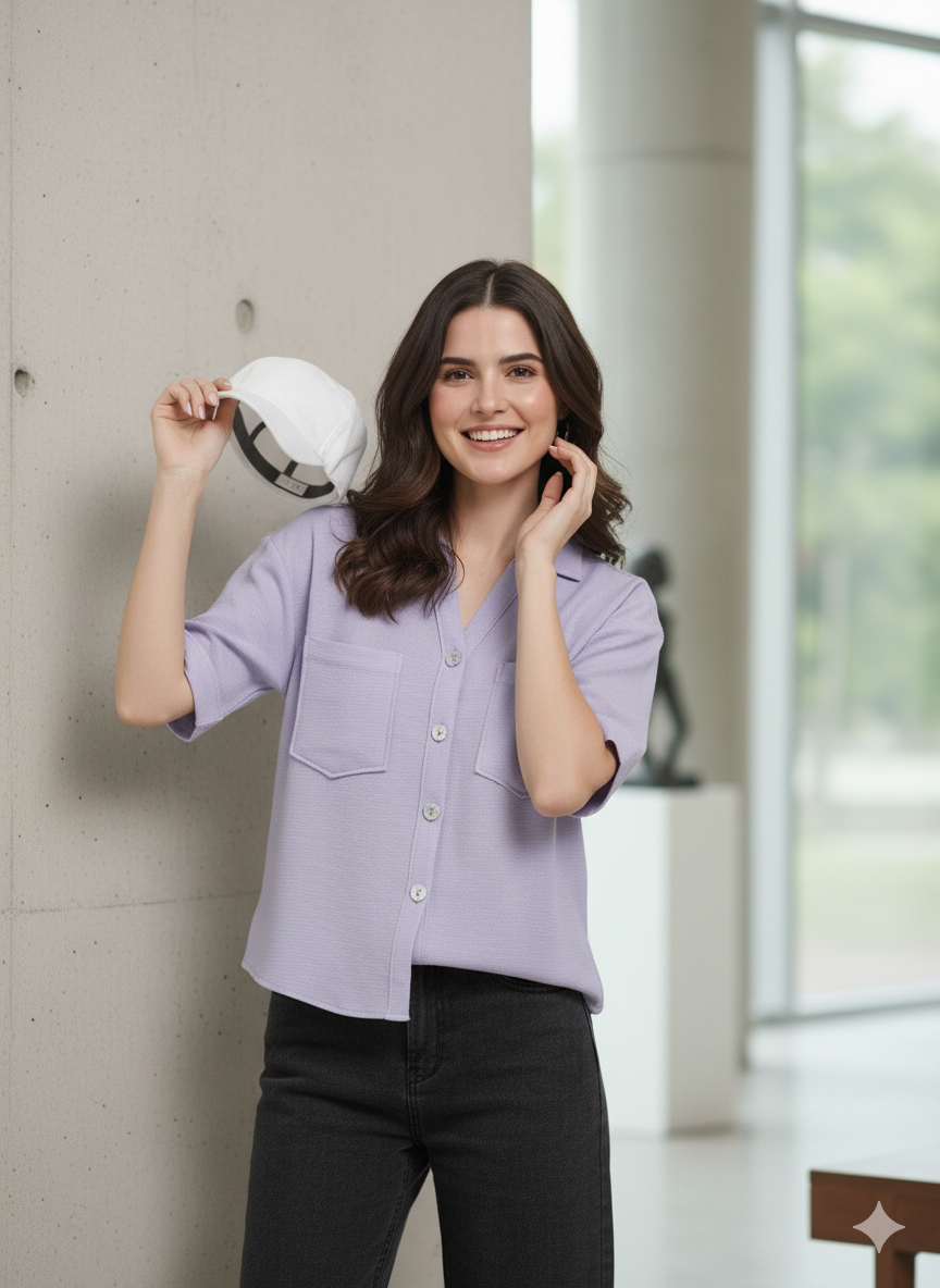Women Lavender Cotton Blend Plain Regular Half Sleeve Shirt