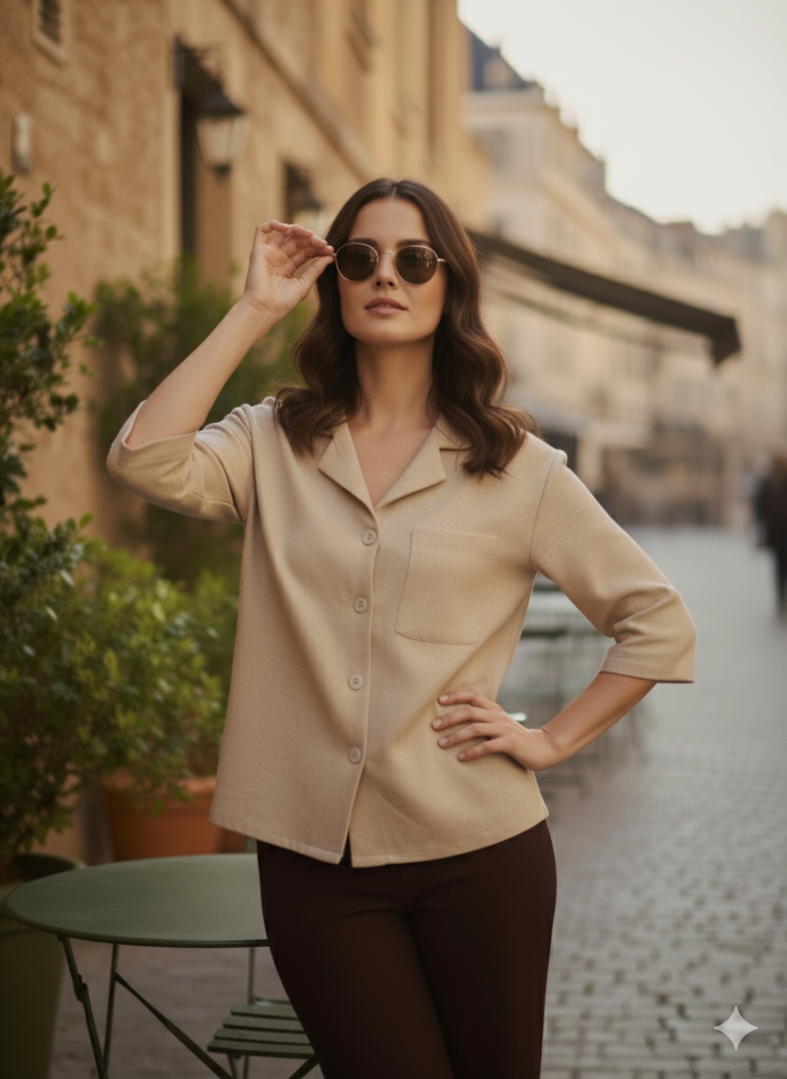 Women Cream Cotton Blend Plain Regular 3/4 Sleeve Shirt