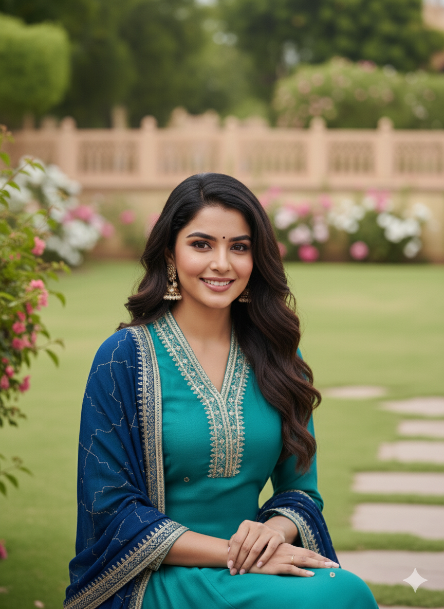 Firozi Embroidered Silk Anarkali Kurta With Dupatta Set