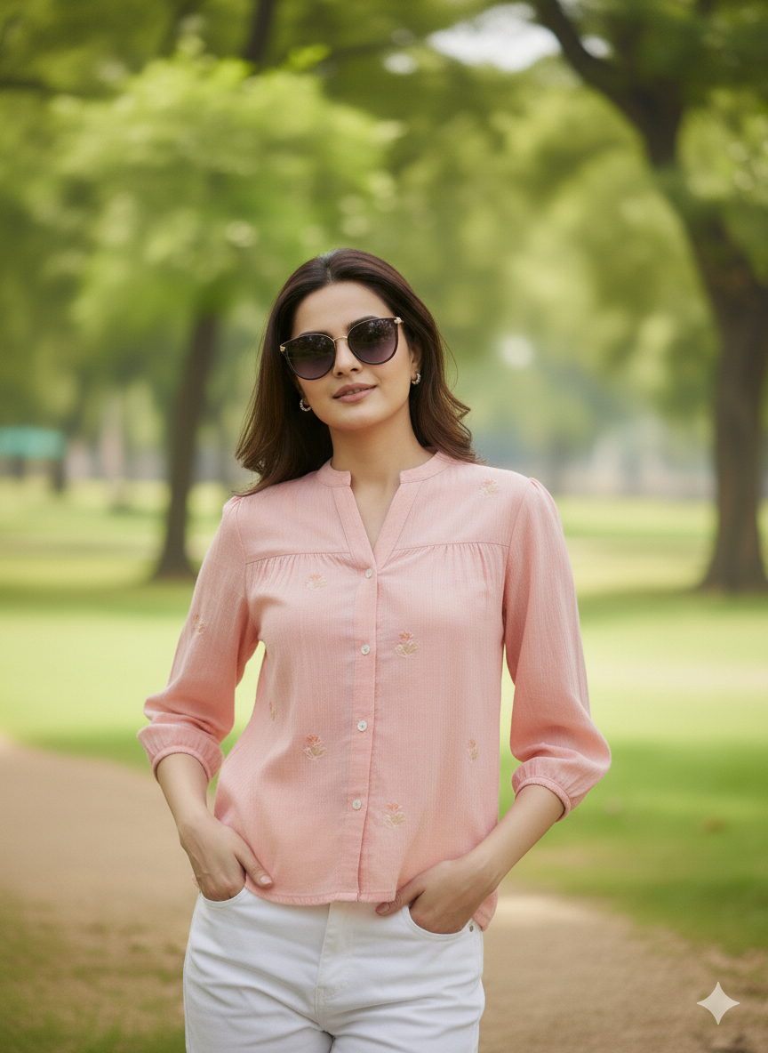 Pink Casual Cotton Shirt with Elegant Embroidery for women