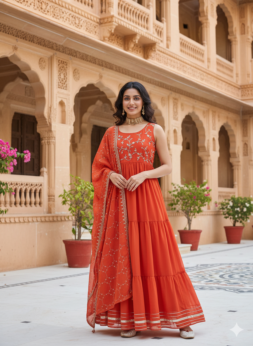 Orange Embroidered Tiered Anarkali Kurta with Dupatta set