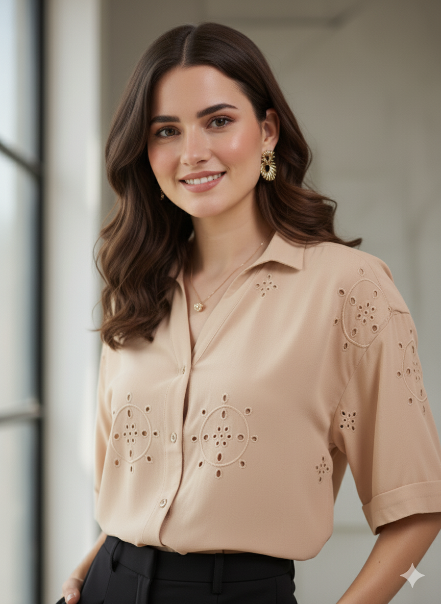 Beige Casual Printed Shirt in Cotton Blend Fabric for Women