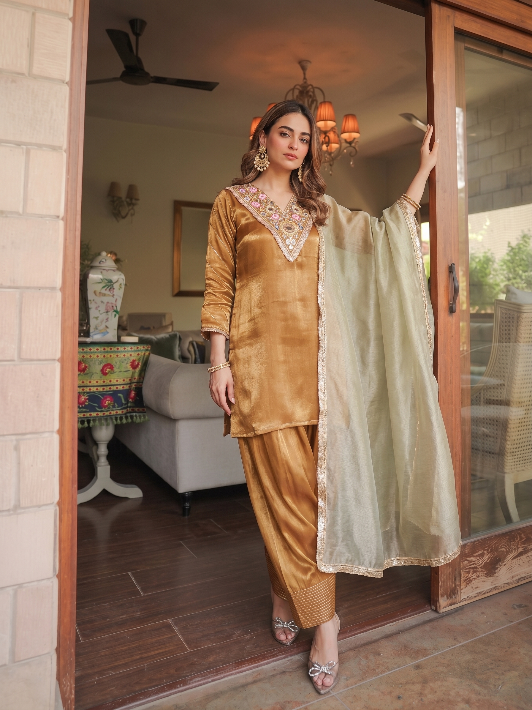 Mustard Silk Embroidered Kurta & Palazzo with Dupatta Set For Women