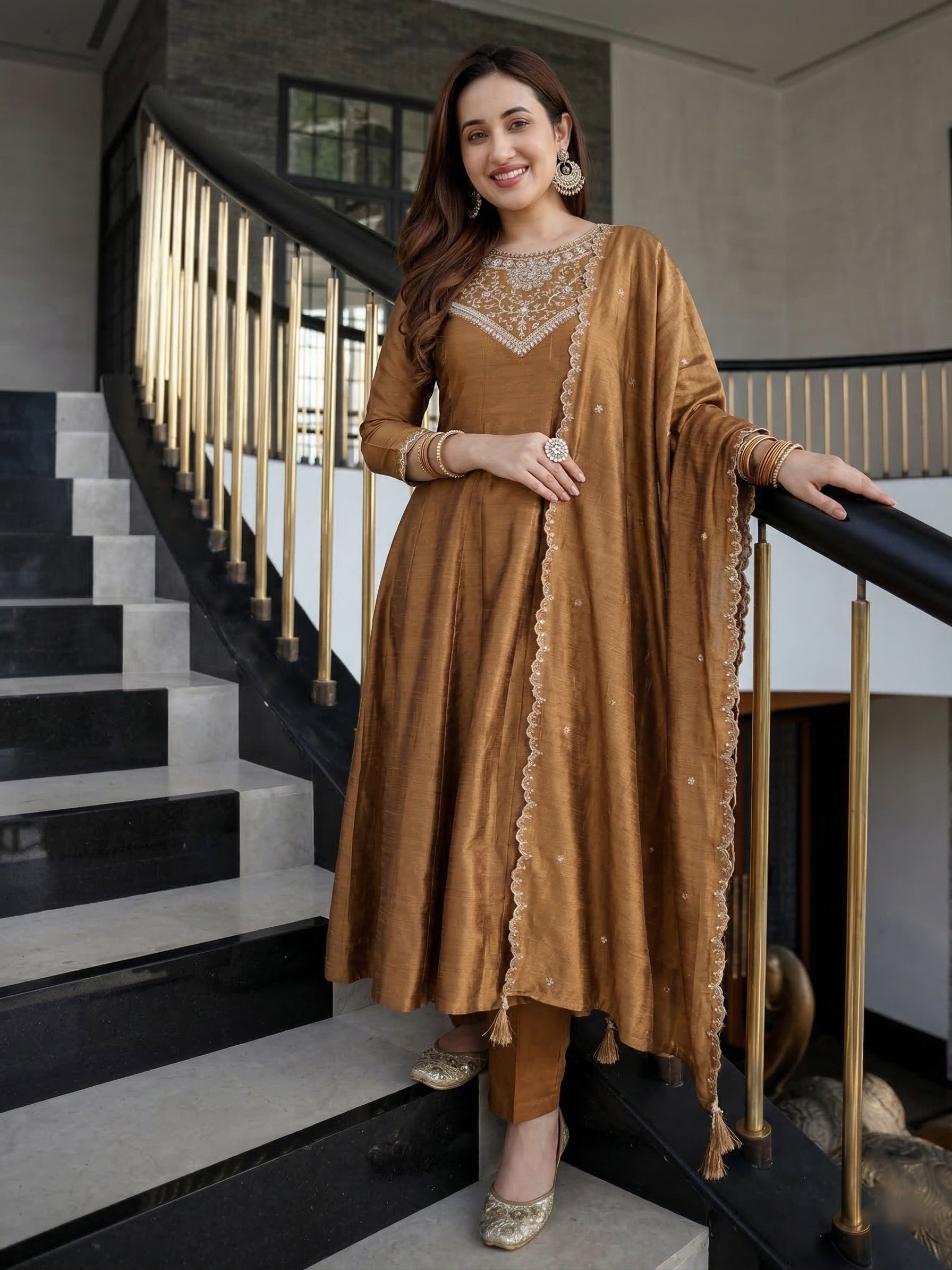 Golden Embroidered Silk Anarkali Kurta With Dupatta Set