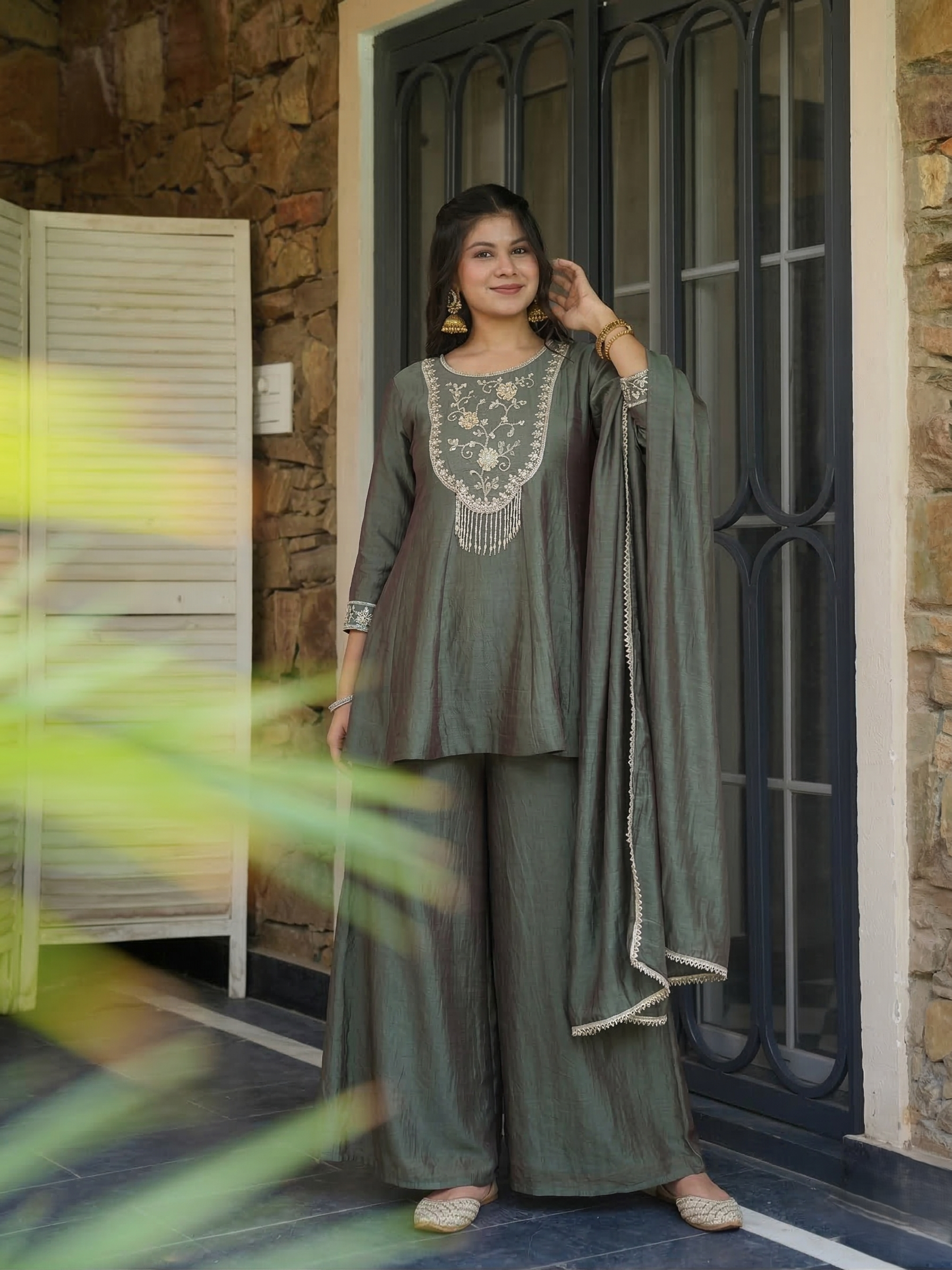 Green Silk Sharara Set with Embroidered Top & Dupatta