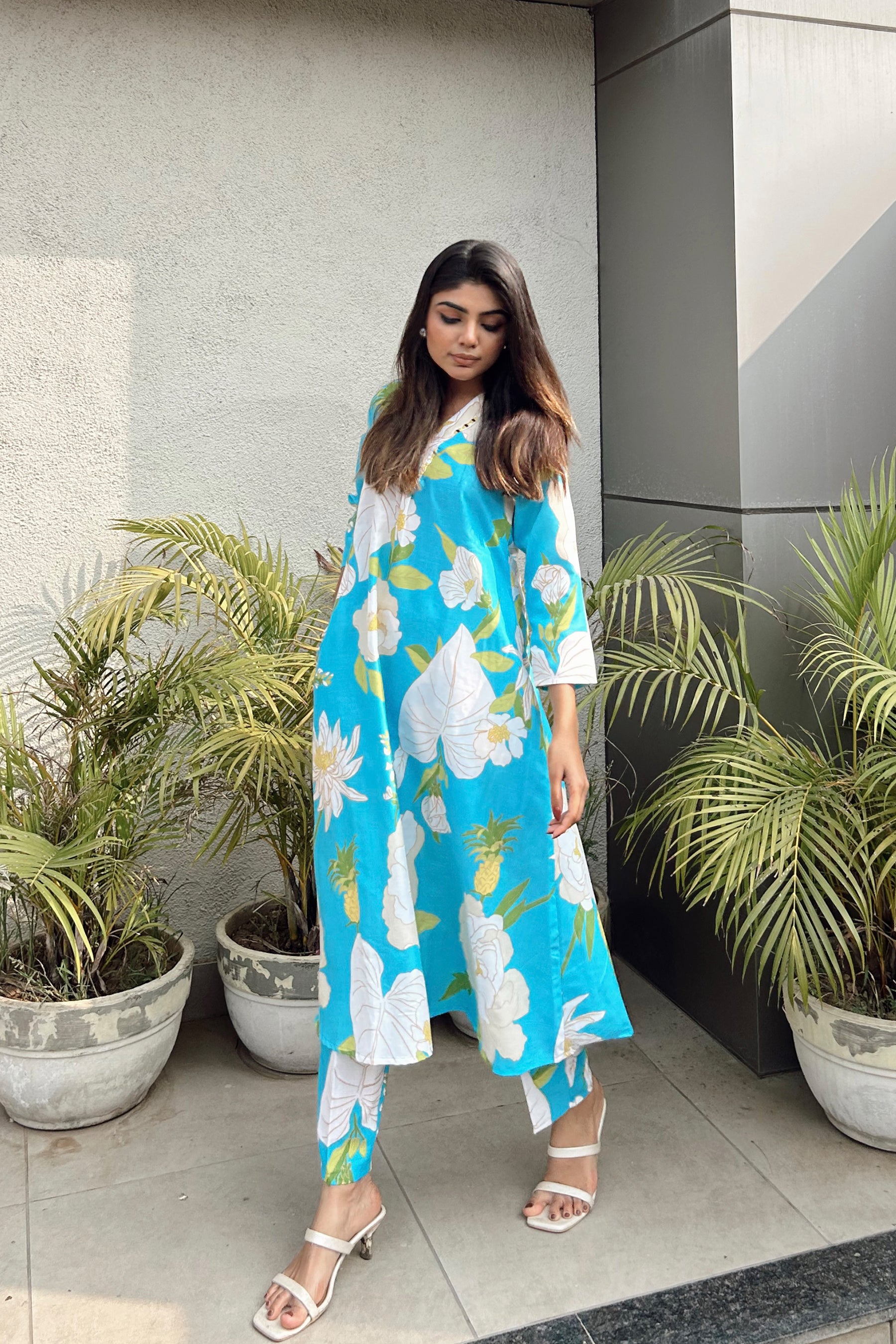 Sky Blue Printed Cotton Ethnic Co-Ords