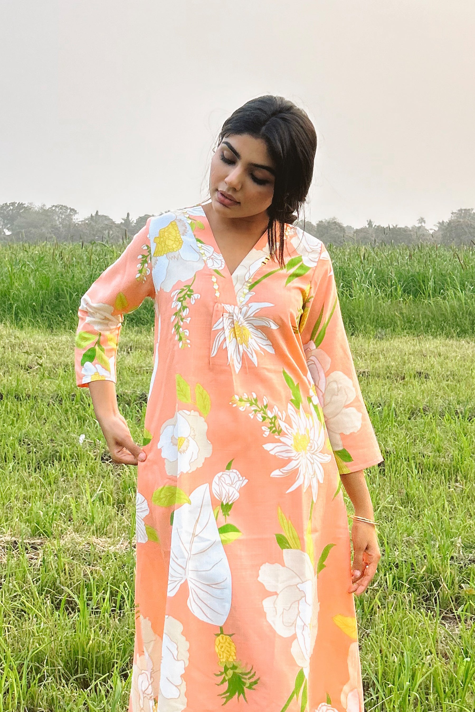 Peach Printed Cotton Ethnic Co-Ords