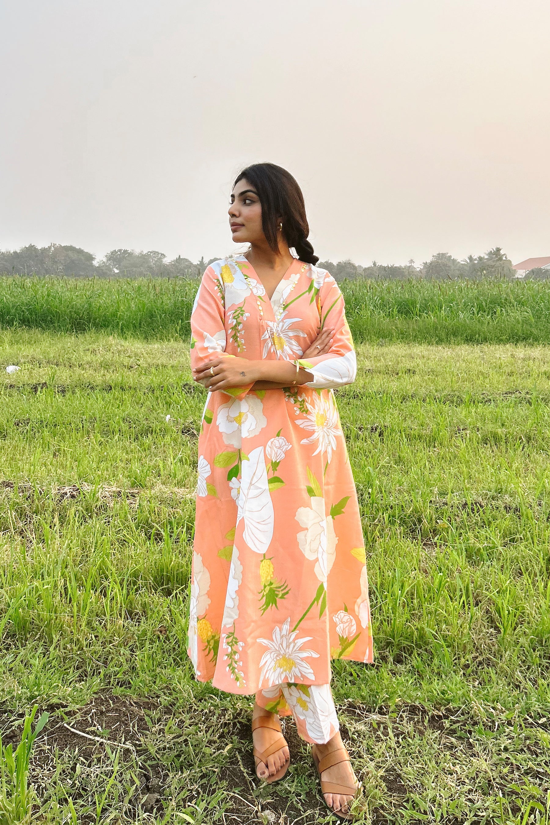 Peach Printed Cotton Ethnic Co-Ords